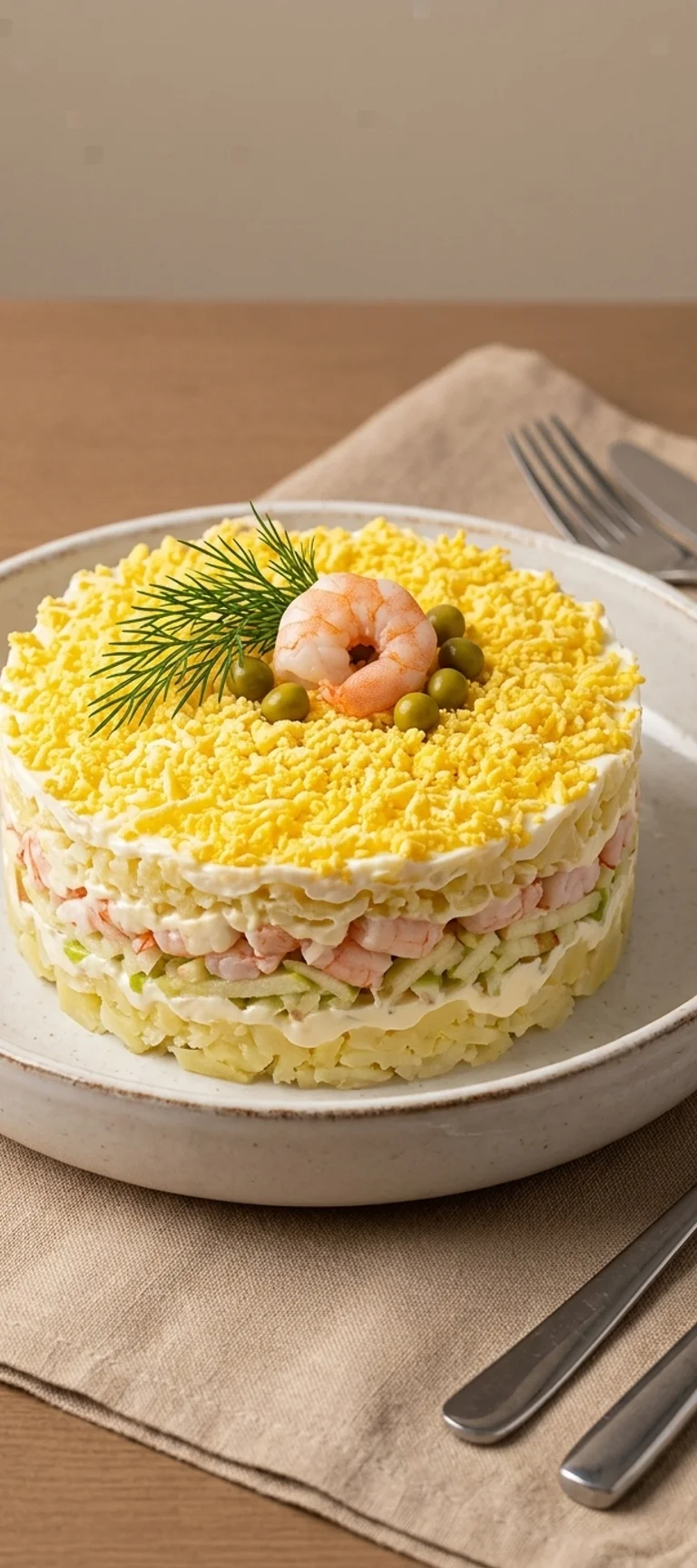 Слоеный салат с креветками и картофелем — рецепт с фото