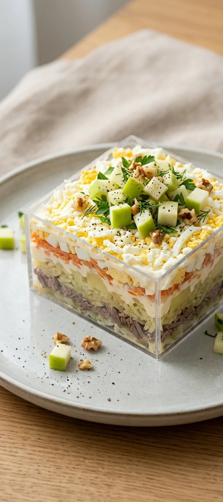 Слоеный салат с говядиной и яблоком — рецепт с фото