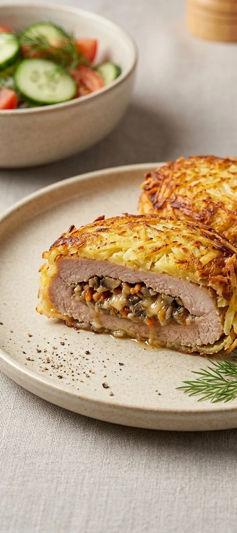 Свиная котлета с грибной начинкой и картофельной корочкой — рецепт с фото