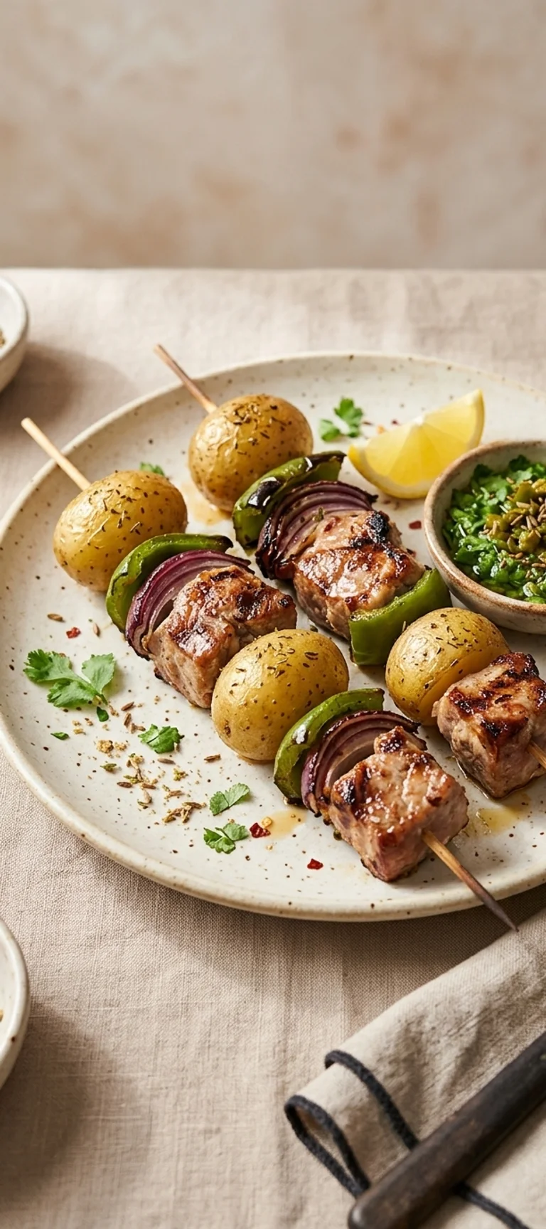 Свиной шашлык с овощами и соусом из кинзы — рецепт с фото