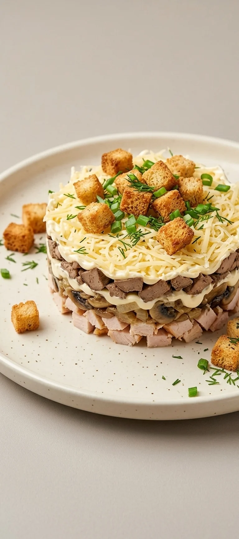 Слоеный салат с курицей, грибами и сухариками — рецепт с фото