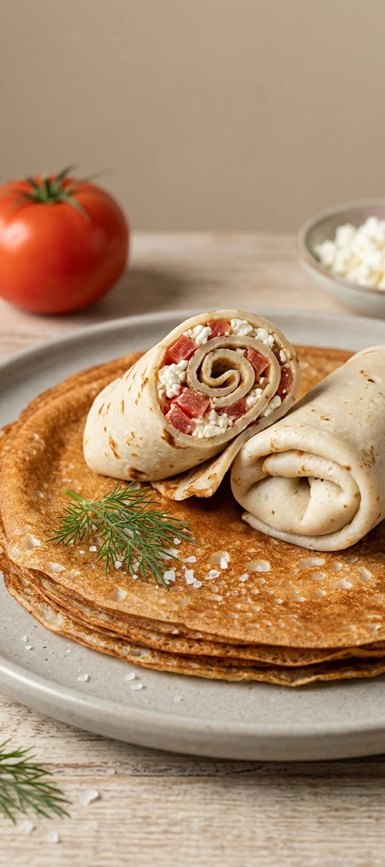 Тонкие блинчики с адыгейским сыром и помидорами — рецепт с фото