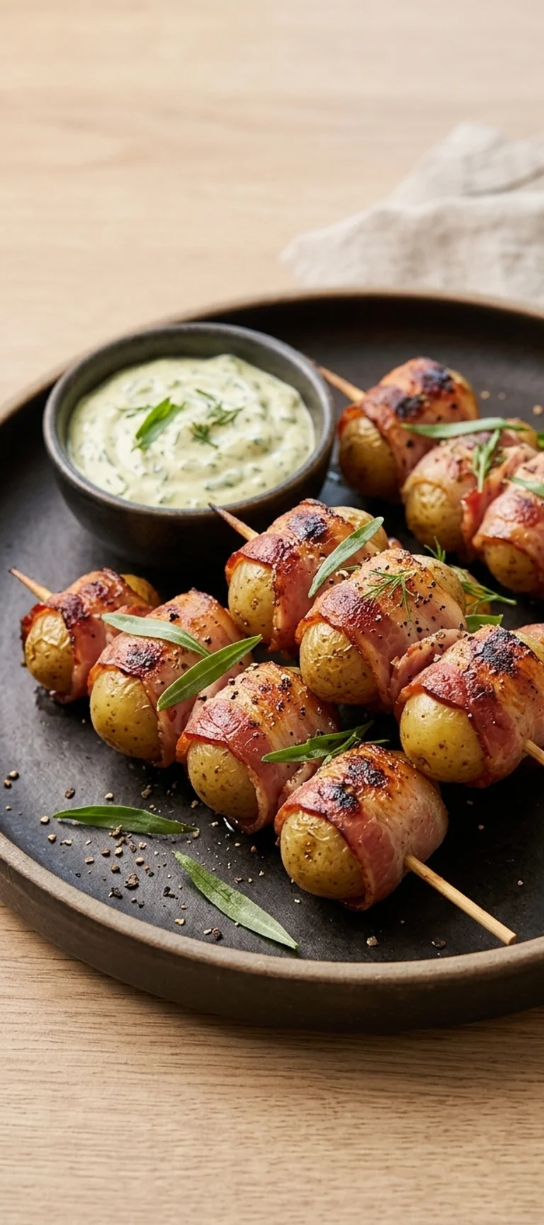 Картофельные шашлычки с беконом и соусом из эстрагона — рецепт с фото