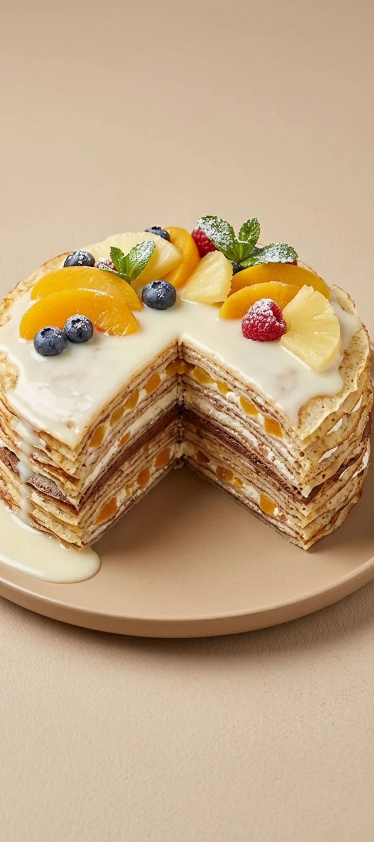 Блинный торт со сгущенкой и фруктами — рецепт с фото