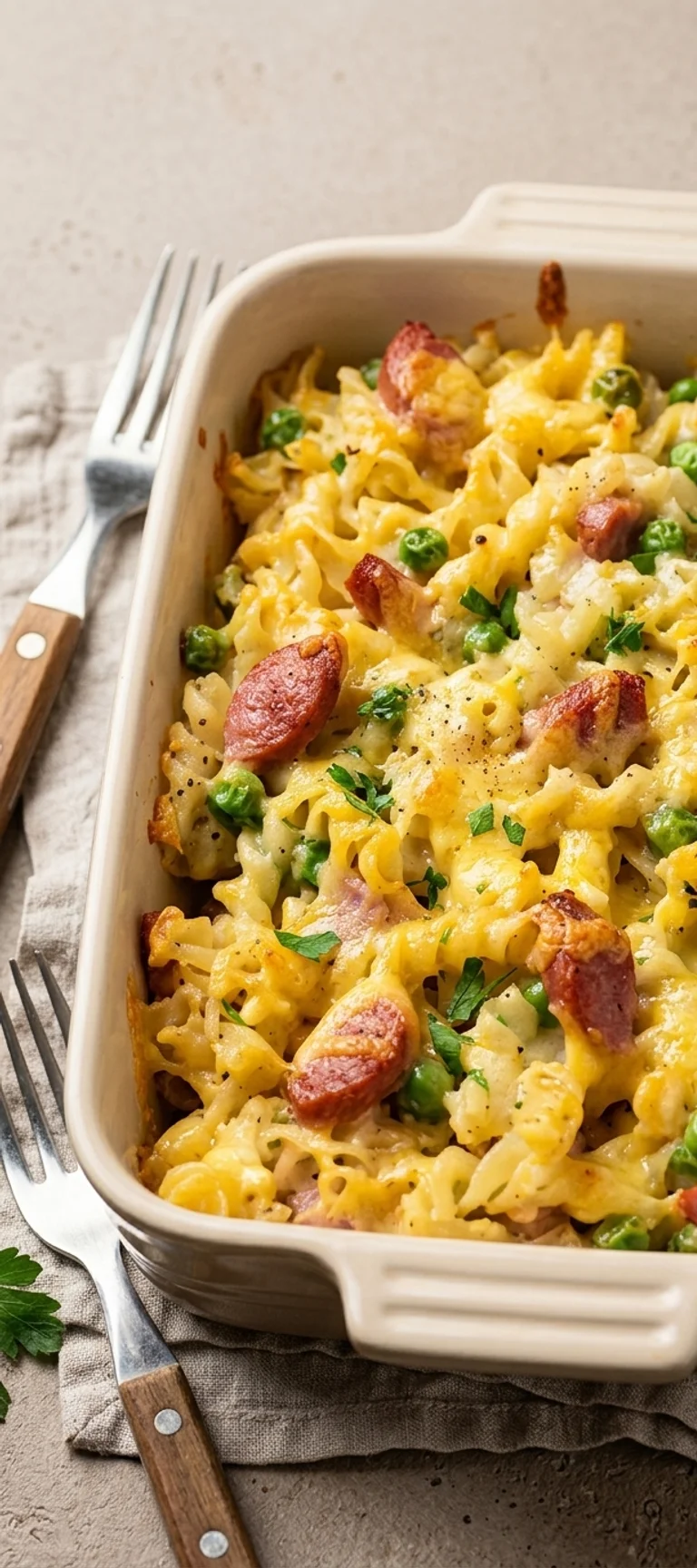 Макаронная запеканка с горошком и сосисками — рецепт с фото