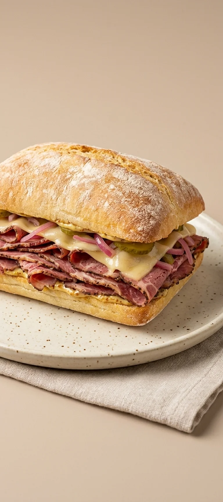 Сэндвич с пастрами, маринованным луком и плавленым сыром — рецепт с фото