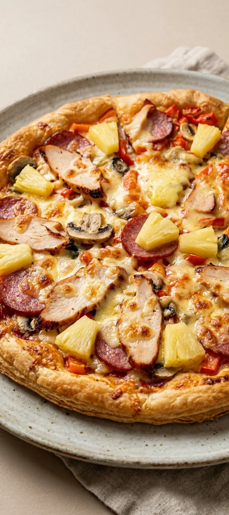 Пицца с курицей, ананасом и сервелатом — рецепт с фото
