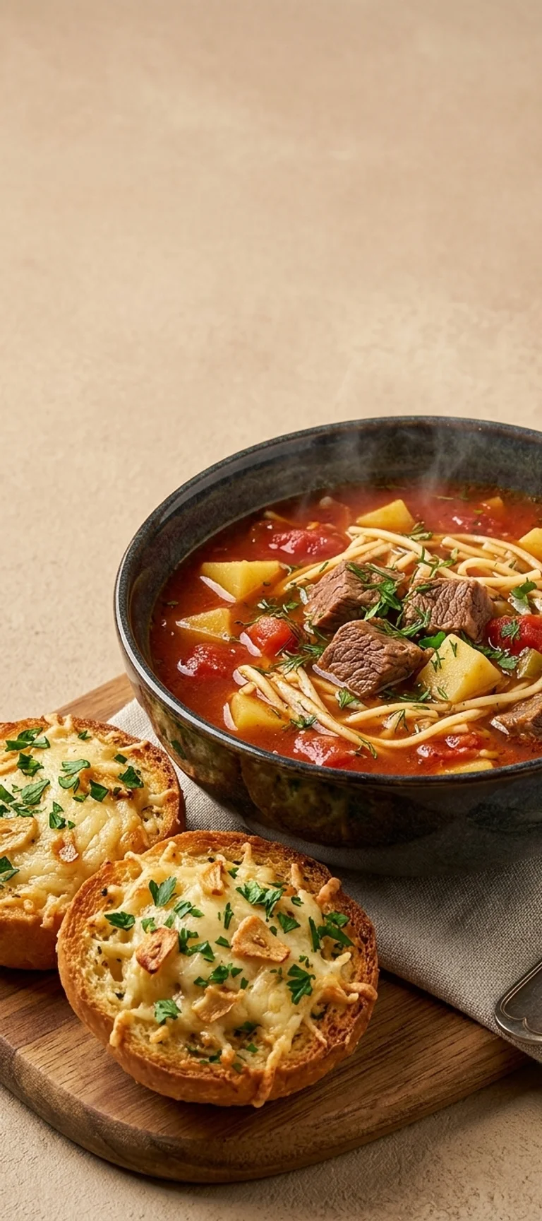 Томатный суп с говядиной и чесночными булочками — рецепт с фото