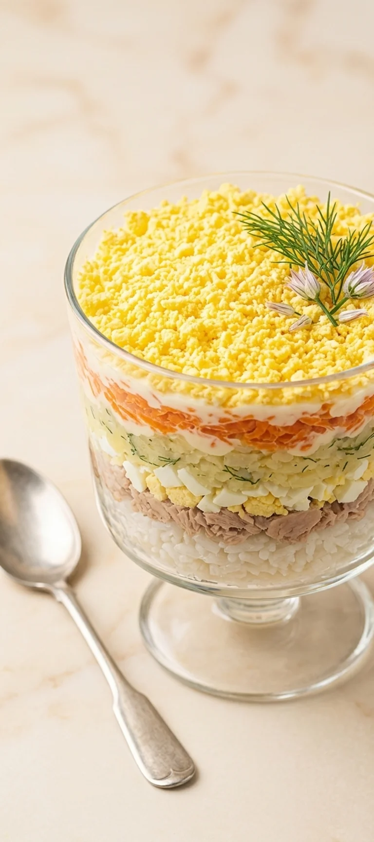 Слоёный салат с тунцом, рисом и яйцом — рецепт с фото