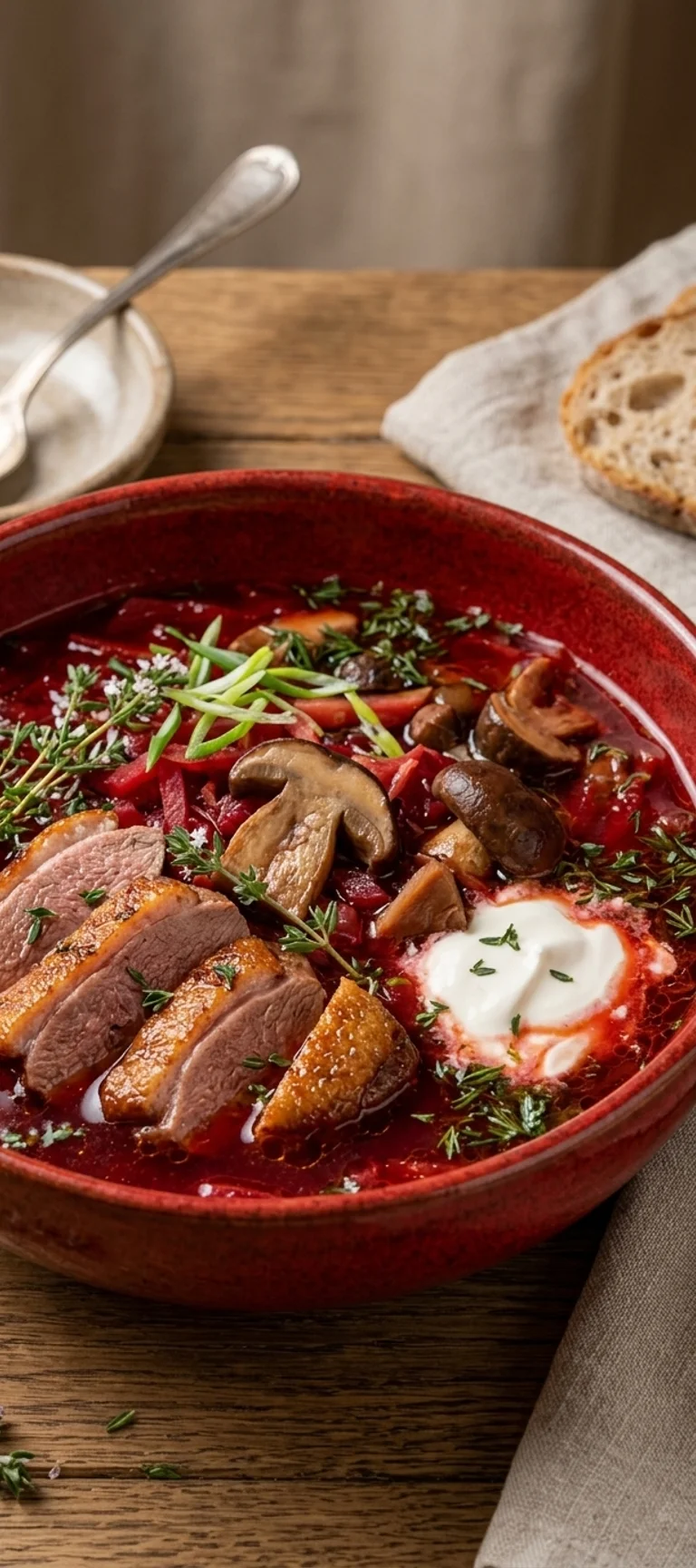 Борщ с утиной грудкой и белыми грибами — рецепт с фото