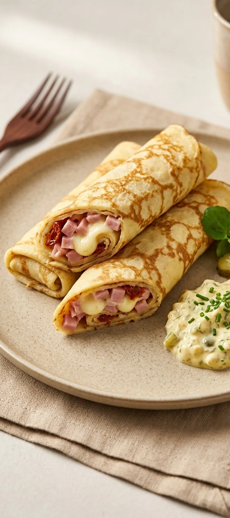 Блины с ветчиной, моцареллой и соусом ремулад — рецепт с фото