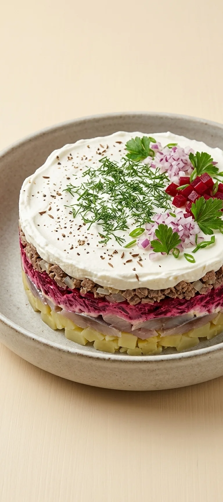 Селедочный салат с говядиной и сливками — рецепт с фото