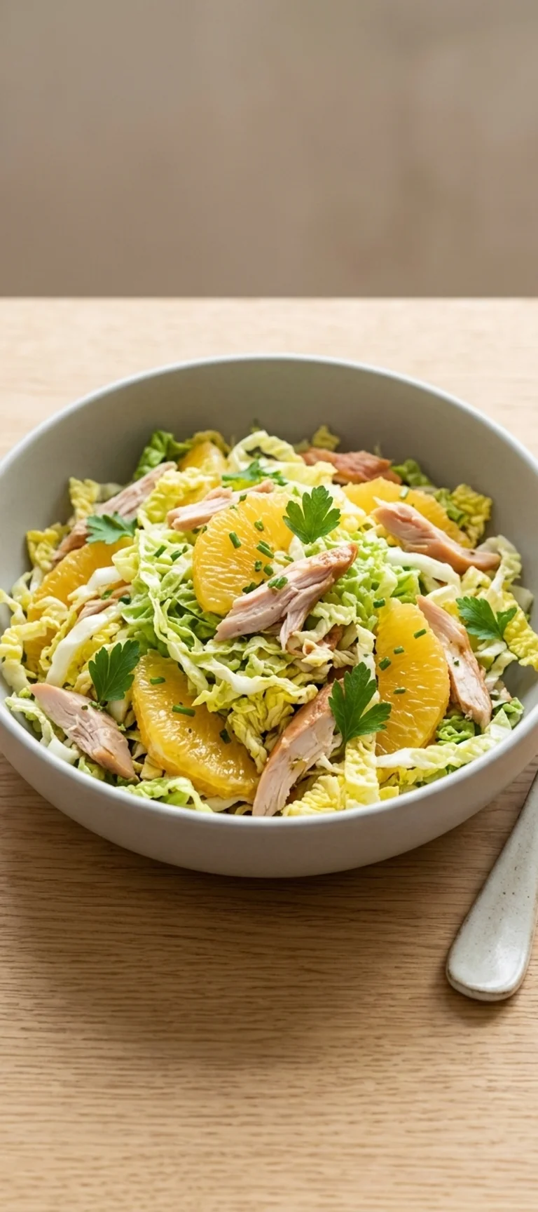 Салат с копченой курицей, китайской капустой и апельсином — рецепт с фото