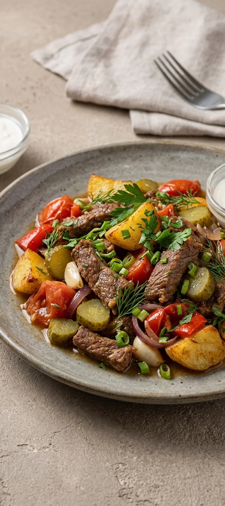 Говядина с картофелем и солеными огурцами — рецепт с фото