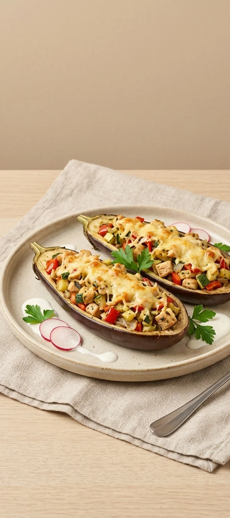 Запечённые баклажаны с куриным филе и овощами — рецепт с фото