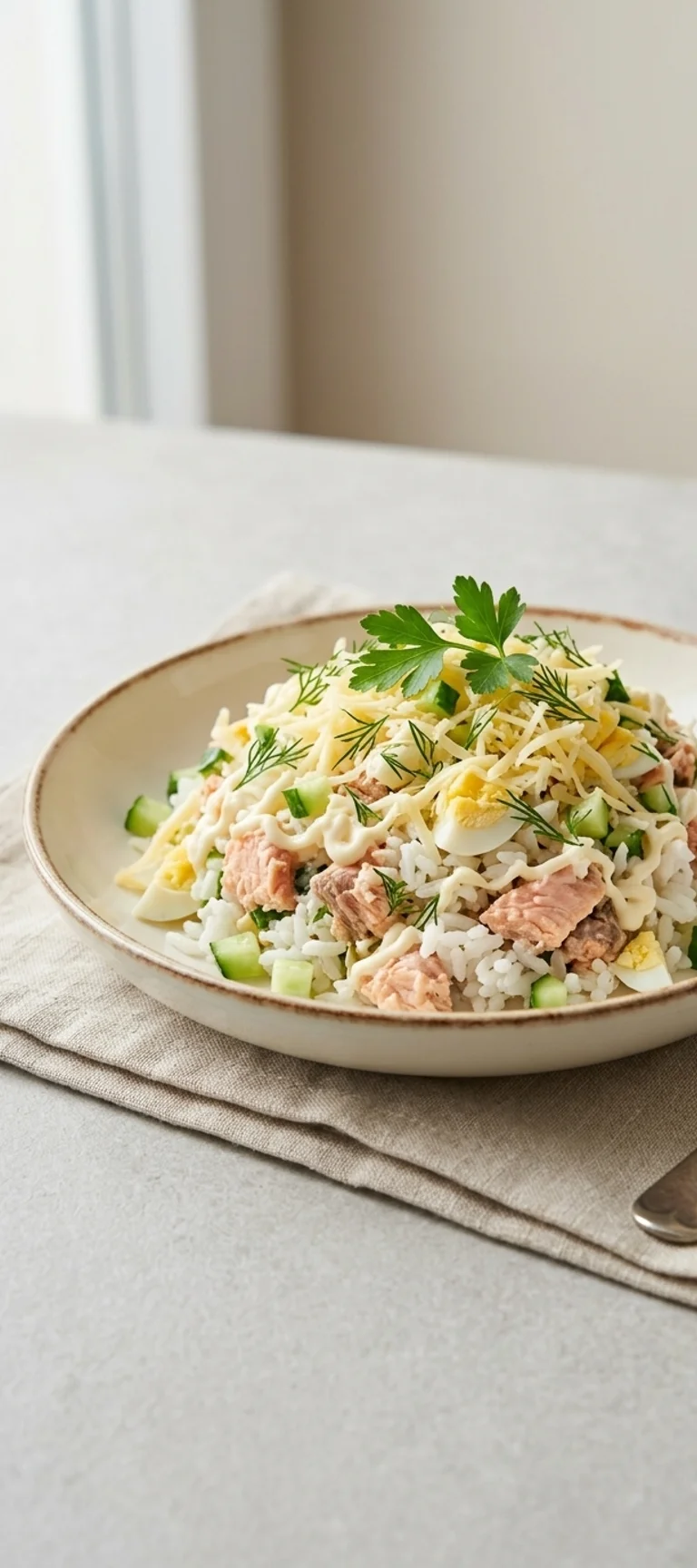 Салат из консервированной горбуши с рисом и сыром — рецепт с фото