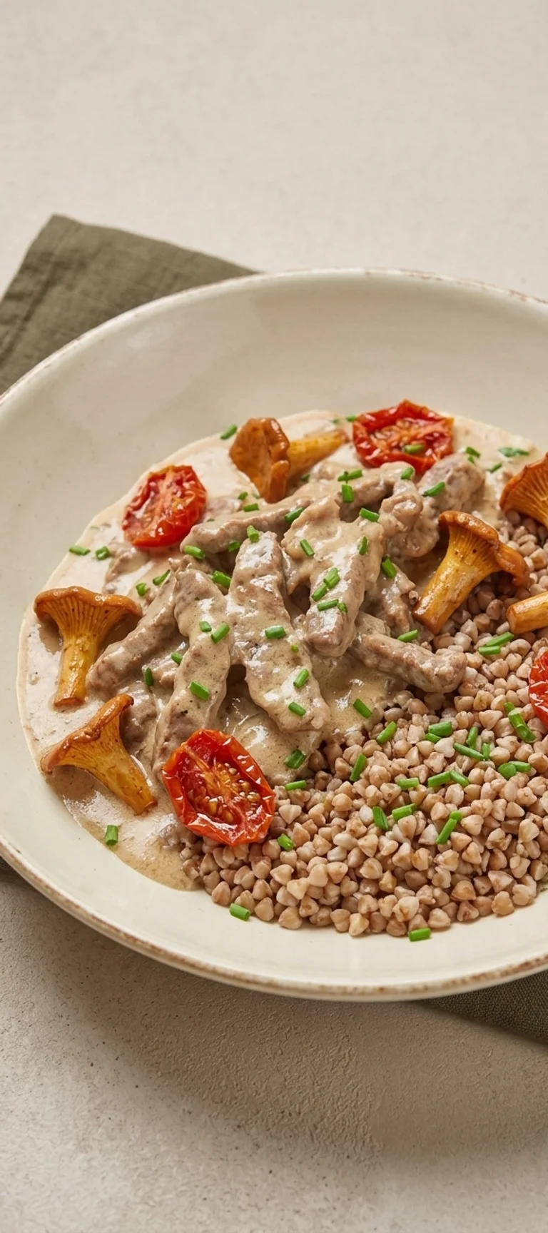 Говядина в сметанном соусе с гречкой и лисичками — рецепт с фото