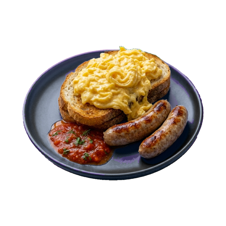 Яичница-болтунья на гренках с колбасками — иконка рецепта