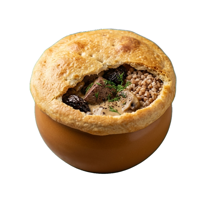 Печень с гречкой и грибами в горшочках — иконка рецепта