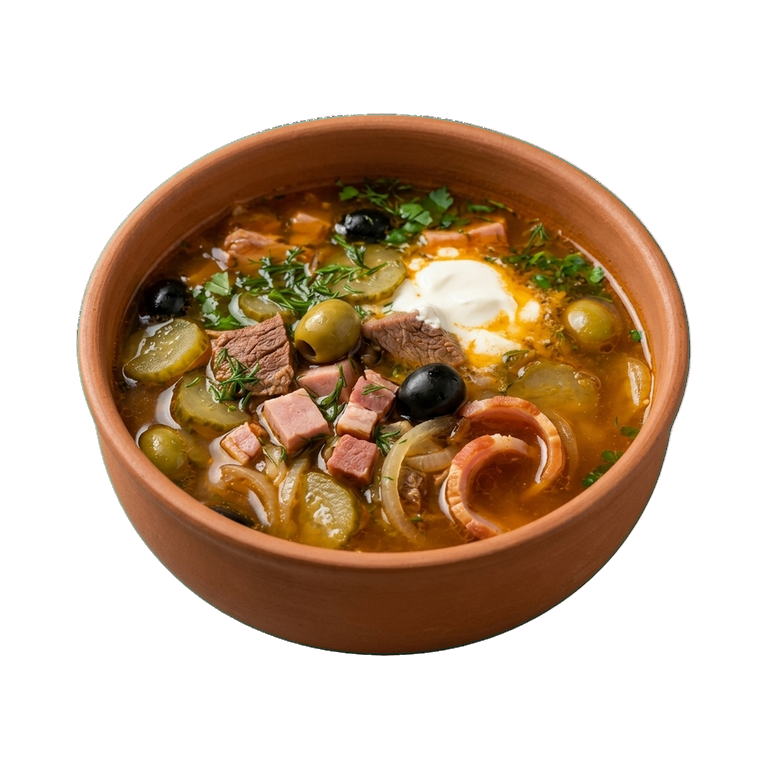 Солянка мясная с беконом и маринованными огурцами — иконка рецепта