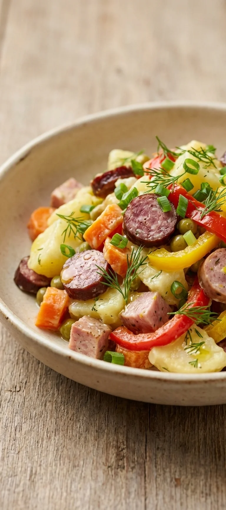 Картофельный салат с копченой колбасой и перцем — рецепт с фото