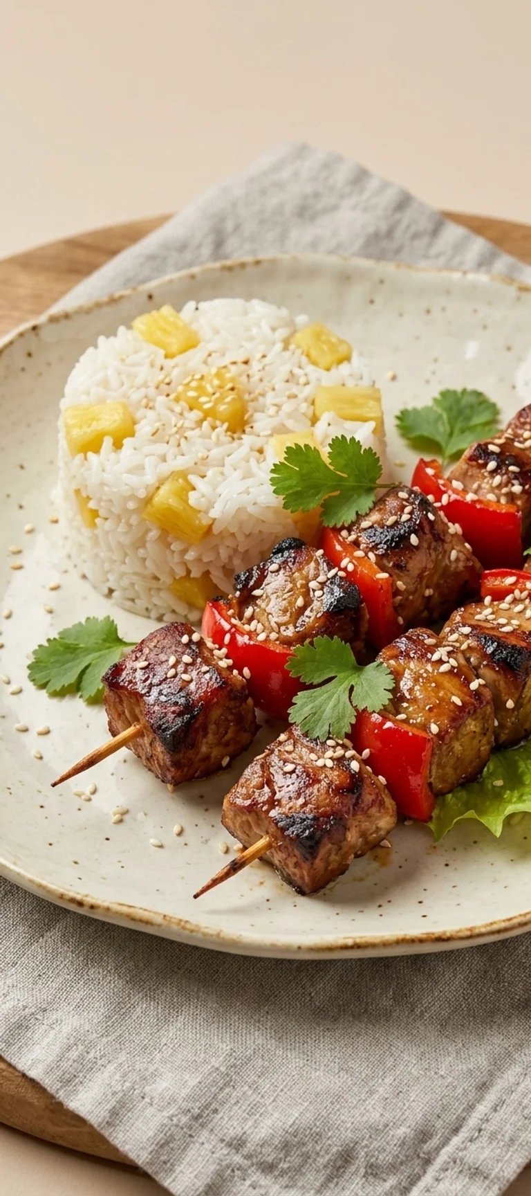 Свиные шашлыки с перцем и ананасовым рисом — рецепт с фото