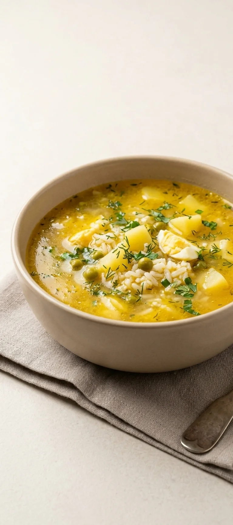 Суп с рисом, яйцом и зеленым горошком — рецепт с фото