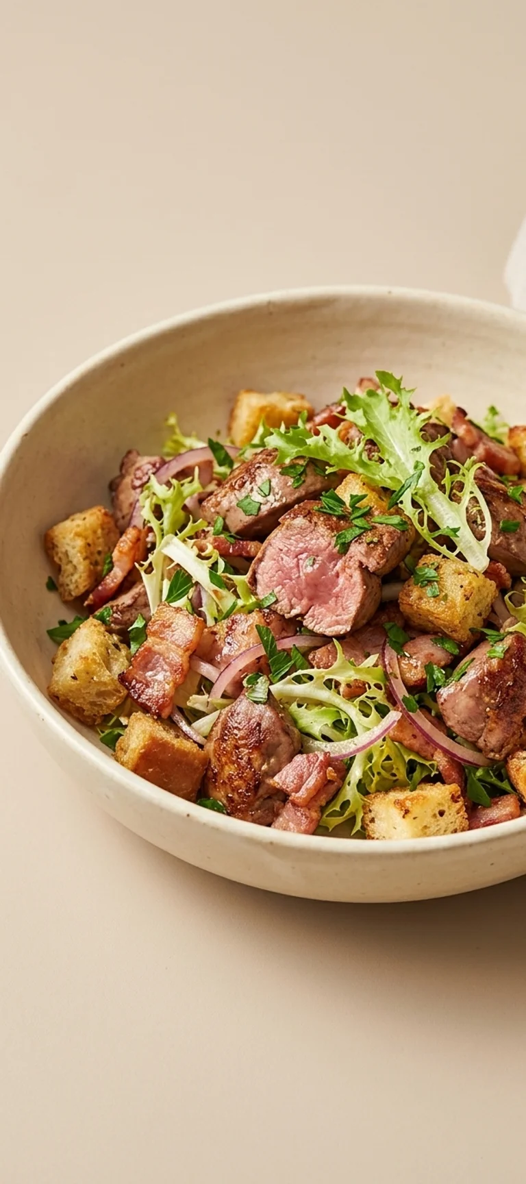 Теплый салат с куриной печенью, беконом и сухариками — рецепт с фото